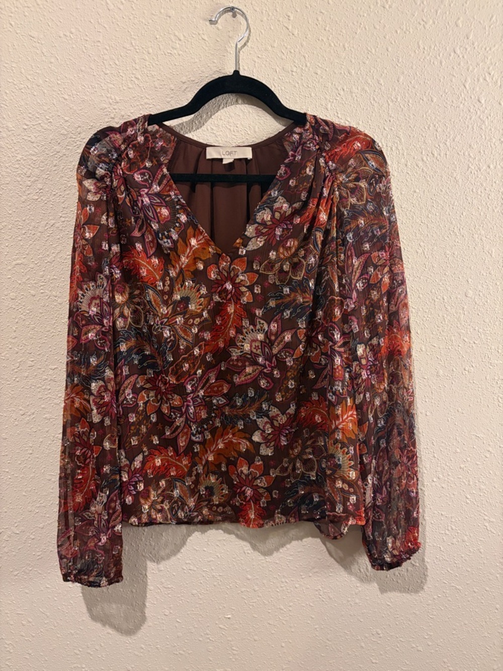 LOFT Sheer Floral V-Neck Blouse in Brown Multi